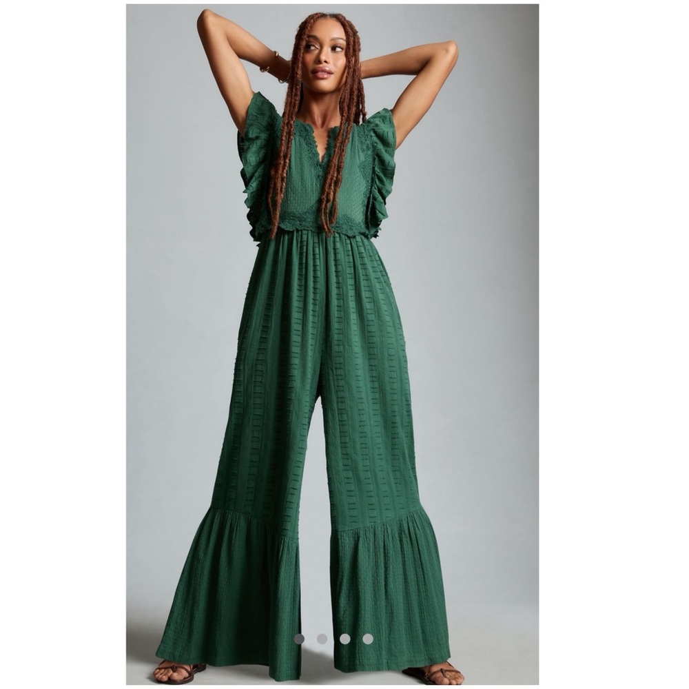 Anthropologie Forest Green Ruffled Wide-Leg Jumpsuit